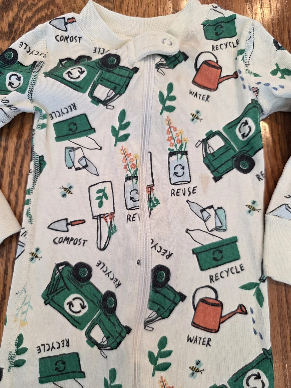 Hanna Andersson White Footed One-Piece with Green Recycle Print